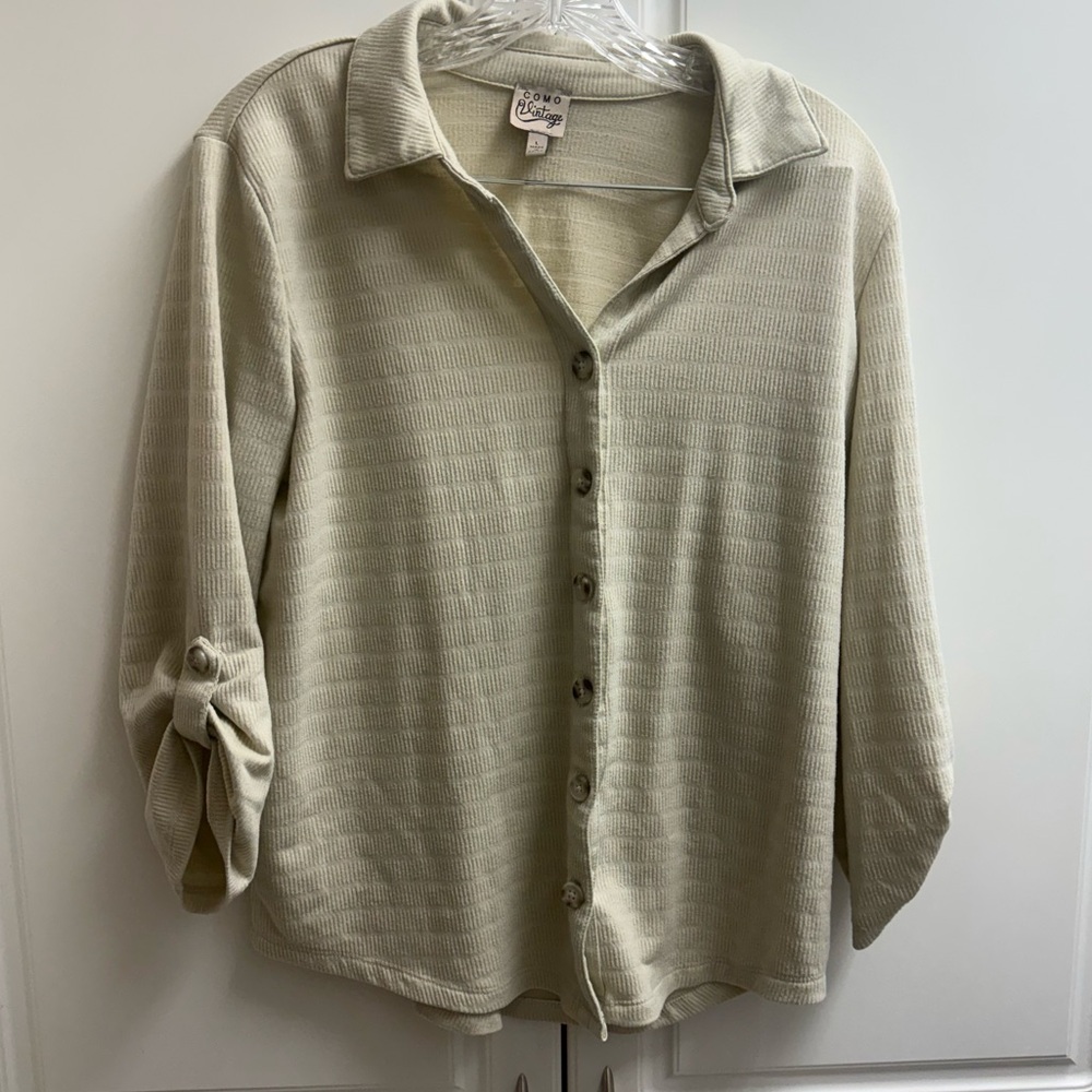 Como Vintage Textured Button Down Top Large Beige Neutral Roll Tab Sleeve